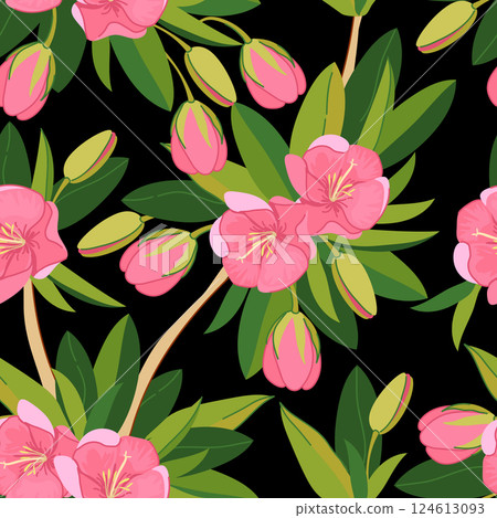 Seamless pattern with pink exotic flowers in flat style on black background. Vector background of Mauritius Trochetia boutoniana. Illustration National symbol of Mauritius. Seamless pattern with pink exotic flowers in flat style on black background. Vector background of Mauritius Trochetia boutoniana. Illustration National symbol of Mauritius. 124613093