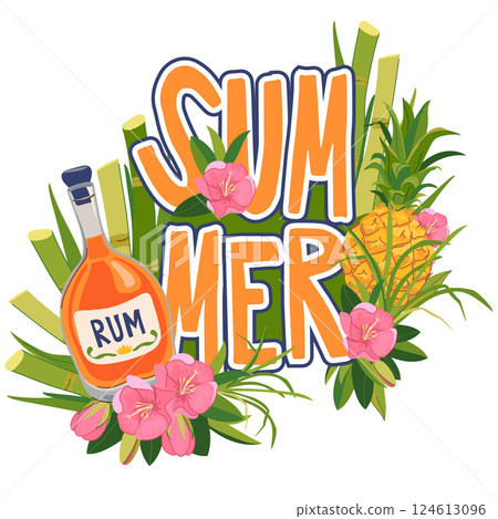Vector sticker with bottle of rum, pineapple and flowers. Tropical vacation emblem. Illustration for beach bar menu. Cruise vacation, summer holidays, party, cafe. Vector sticker with bottle of rum, pineapple and flowers. Tropical vacation emblem. Illustration for beach bar menu. Cruise vacation, summer holidays, party, cafe. 124613096