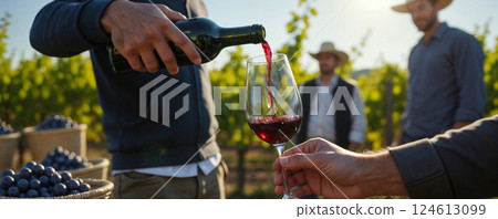 Men are tasting new wine in the vineyard. The hero pours red wine in the glass. Horizontal banner 124613099