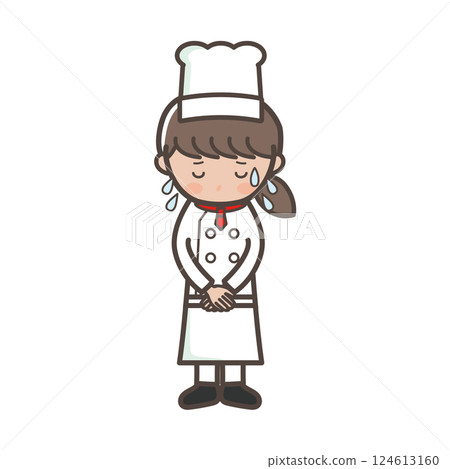 Full-body illustration of a young female chef apologizing with a cold sweat 124613160