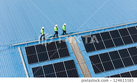 Professional Engineer Team Service Solar Panel. Worker Maintenance Cleaning Replacing Solar Panel. Professional Engineer Team Service Solar Panel. Worker Maintenance Cleaning Replacing Solar Panel. 124613165
