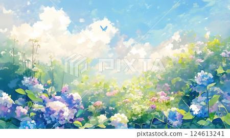 A refreshing natural landscape watercolor illustration of early summer blue sky and hydrangeas 124613241