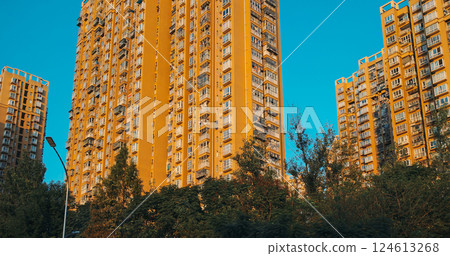 Chengdu, Sichuan, China. High-rise Houses Elevated View Cityscape Skyline. Urban Residential Areas. Real Estate, Development Industry. Clear Blue Sky. Chengdu Is Capital City Of Chinese Province Of 124613268