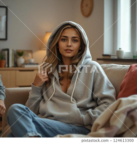 A sexy woman wearing a grey hoodie sitting on a sofa 124613300