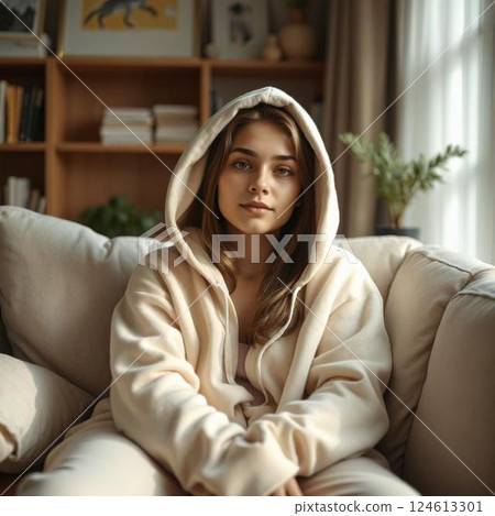 Sexy woman wearing a cream colored hoodie with the hood up sitting on a sofa 124613301