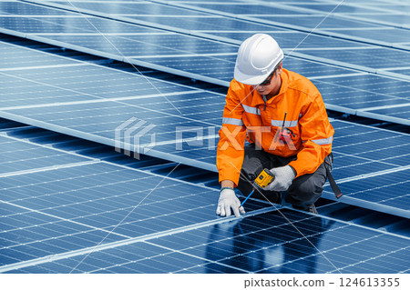 Professional Engineer Service Solar Panel. Worker Maintenance Cleaning Replacing Solar Panel. Professional Engineer Service Solar Panel. Worker Maintenance Cleaning Replacing Solar Panel. 124613355