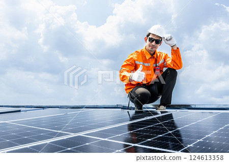 Professional Engineer Service Solar Panel. Worker Maintenance Cleaning Replacing Solar Panel. Professional Engineer Service Solar Panel. Worker Maintenance Cleaning Replacing Solar Panel. 124613358