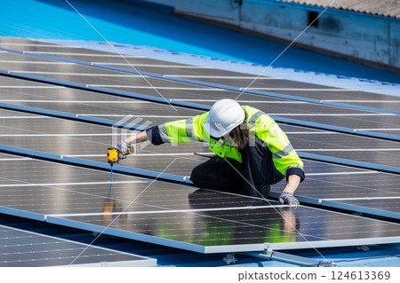 Professional Engineer Service Solar Panel. Worker Maintenance Cleaning Replacing Solar Panel. Professional Engineer Service Solar Panel. Worker Maintenance Cleaning Replacing Solar Panel. 124613369