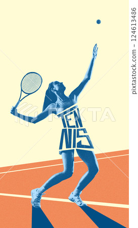 Vertical image of young woman, tennis player in blue tones, serving ball, playing, training on abstract court. Creative art design. Vertical image of young woman, tennis player in blue tones, serving ball, playing, training on abstract court. Creative art design. 124613486