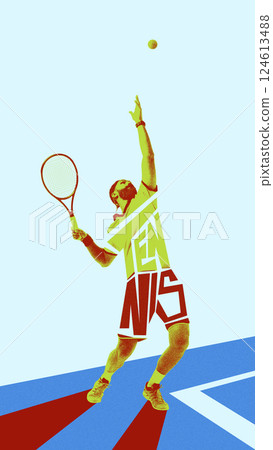Vertical layout. Front view of bearded focused man, tennis player during game, serving ball with racket, playing. Creative art design. 124613488