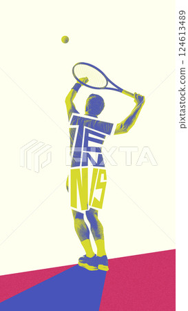 Vertical layout. Back view of man, tennis player during game, serving ball with racket, playing. Creative art design. 124613489