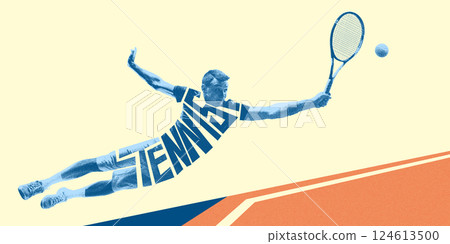 Competitive and determined man, tennis player in motion during intense match, playing against abstract background. Creative art design Competitive and determined man, tennis player in motion during intense match, playing against abstract background. Creative art design 124613500