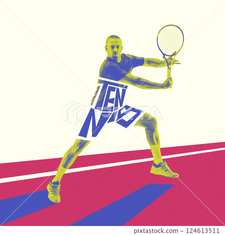 Front view image of concentrated man, tennis player in motion with tennis racket, training, playing on abstract court. Creative art design 124613511