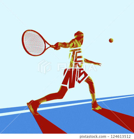 Back view dynamic image of man, tennis player in motion on abstract blue court, playing, hitting ball. with racket. Creative art design 124613512