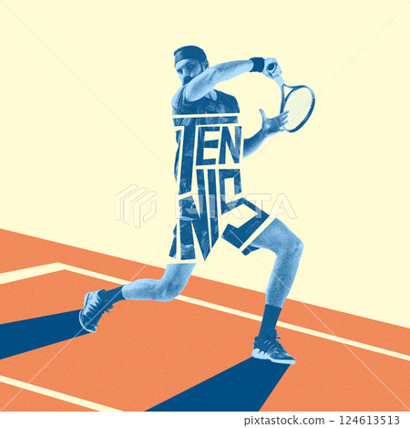 Dynamic image of concentrated young man in motion, tennis player making powerful swing on abstract court. Creative art design. 124613513