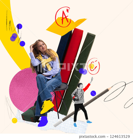 Happy girl sitting after getting highest grade, while the small figure of man reaching for lower grade. Exams time. Conceptual design. 124613529