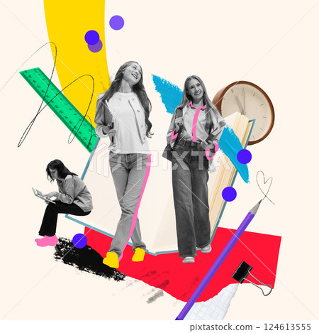 Exams time. Two happy girls confidently walking after successful exam, while the other sitting n floor deeply focused in studying. Contemporary art collage. 124613555