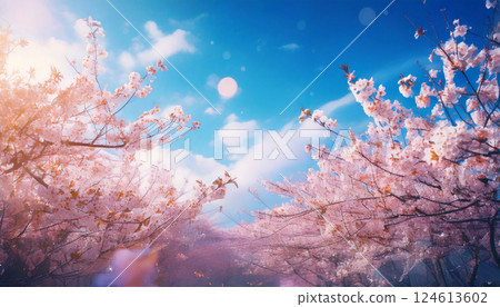 藍天與陽光照耀下的櫻花 124613602
