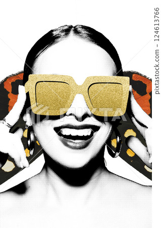 Woman portrait with classic hairstyle and golden retro sunglasses 124613766