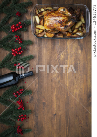 Baked Thanksgiving duck and wine on table Baked Thanksgiving duck and wine on table 124613772