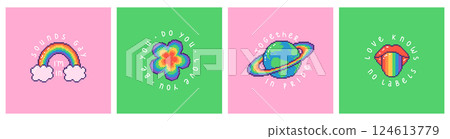 Set of square pride posters with LGBTQ symbols and phrases. Hand drawn illustrations in pixel style. Set of square pride posters with LGBTQ symbols and phrases. Hand drawn illustrations in pixel style. 124613779