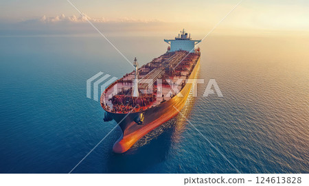 Front view of a large crude oil tanker or capesize is traveling in calm blue ocean waters against the backdrop of the sun's rays at sunset. Cargo. 124613828