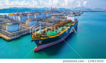 Aerial view of large crude oil tanker is docked at industrial port terminal for cargo operations. Oil refinery with a group of crude oil storage tanks 124613830
