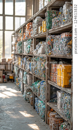 Plastic waste and other waste stacked in bags, boxes and other tares. Rubbish ready to be sent to a recycling plant. Recycling and sorting garbage. 124613832
