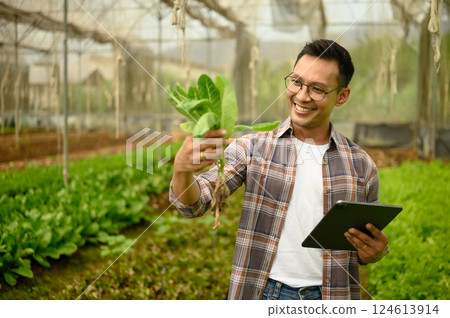 Smiling male farmer holding fresh leafy greens while using a digital tablet in a greenhouse 124613914