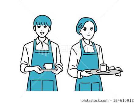 咖啡館/餐廳工作人員穿著圍裙站立 124613918