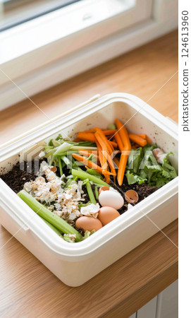 Compost bin with organic waste including eggshells, greens, and vegetables Compost bin with organic waste including eggshells, greens, and vegetables 124613960