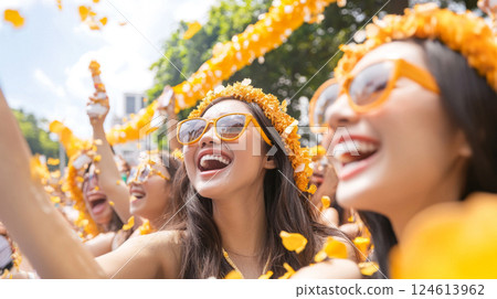 Smiling women celebrating Songkran festival with joy and floral garlands 124613962