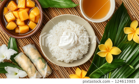 Colorful Thai cuisine including mango sticky rice, spring rolls, and curry, Songkran food background 124613985