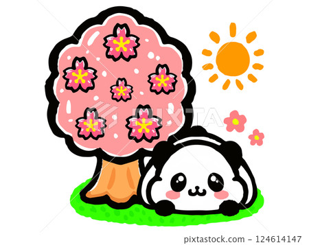 Doodle-style illustration of a cute panda enjoying cherry blossom viewing under a cherry tree 4 Doodle-style illustration of a cute panda enjoying cherry blossom viewing under a cherry tree 4 124614147