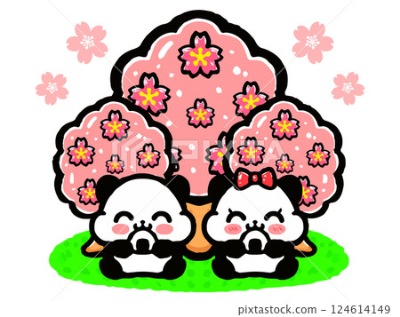 塗鴉風格的插圖，一隻可愛的熊貓在櫻花樹下欣賞櫻花 124614149