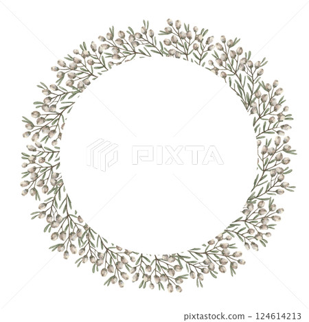 Circle wreath with wildflower and copy space in vintage style. Handdrawn watercolor decorative festive design. Graphic drawing ideal for Easter card template. Perfect for spring holiday season. 124614213