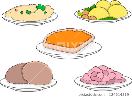 Cartoon Food Illustration Set of Traditional Dishes Served on White Plates Cartoon Food Illustration Set of Traditional Dishes Served on White Plates 124614219