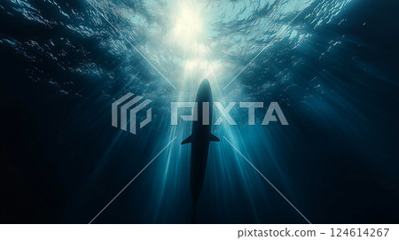 Silhouette of a nuclear submarine gliding silently through deep ocean waters under bright sunlight Silhouette of a nuclear submarine gliding silently through deep ocean waters under bright sunlight 124614267