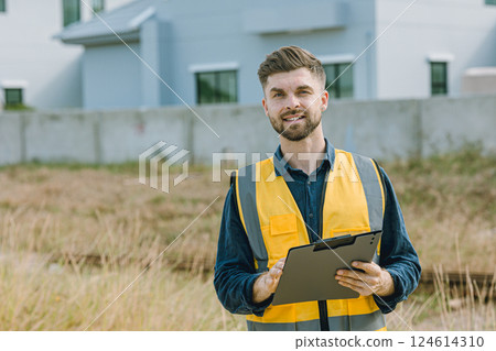 Construction Project manager, worker happy smile enjoy working. Engineer male at construction site Construction Project manager, worker happy smile enjoy working. Engineer male at construction site 124614310