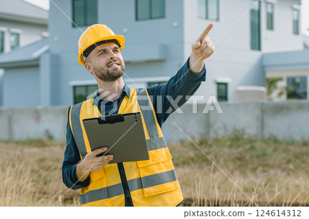 Construction Project manager, worker happy smile enjoy working. Engineer male at construction site Construction Project manager, worker happy smile enjoy working. Engineer male at construction site 124614312