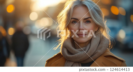 a stylish senior woman wearing a modern trench coat and scarf, walking confidently on a city street, blank space on the right for text, soft golden hour lighting 124614413