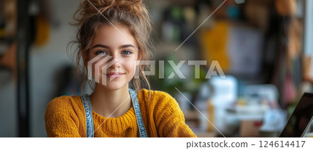 a teenage entrepreneur selling handmade crafts online, sitting at a desk with a laptop, colorful products, and packaging materials, leaving space on the right for promotional use a teenage entrepreneur selling handmade crafts online, sitting at a desk with a laptop, colorful products, and packaging materials, leaving space on the right for promotional use 124614417