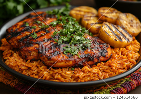 a traditional African meal featuring jollof rice, served with grilled chicken and fried plantains, garnished with fresh herbs, set on a colorful woven mat under natural daylight a traditional African meal featuring jollof rice, served with grilled chicken and fried plantains, garnished with fresh herbs, set on a colorful woven mat under natural daylight 124614560