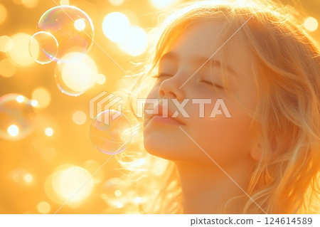 A joyful child blows a soap bubble, bathed in warm sunlight, feeling pure euphoria A joyful child blows a soap bubble, bathed in warm sunlight, feeling pure euphoria 124614589