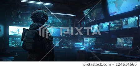 Soldier in tactical gear, high-tech command center, blue lights, screens, dark room design. 124614666