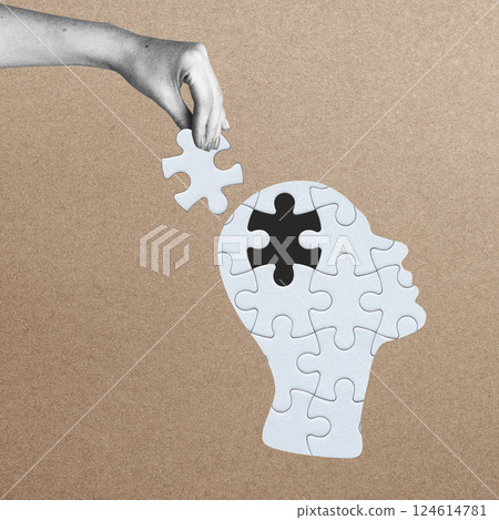 Collage illustrations of human face silhouette made of white jigsaw puzzle 124614781