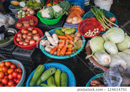 assortment of vegetables at Asian street vegetable market assortment of vegetables at Asian street vegetable market 124614791