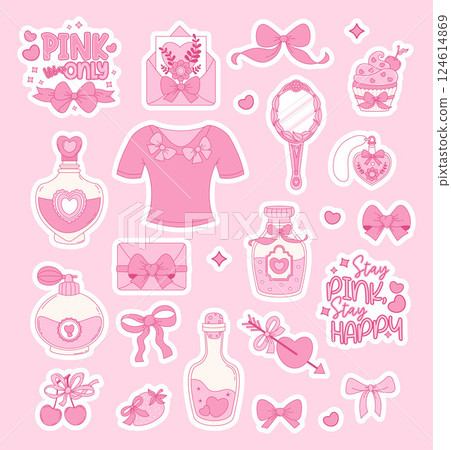 Vintage Pink Coquette Stickers set. Romantic Girly Vibe. Magic Bottle, Perfume, Ribbon Bow, Mirror, Pendant, Sweet, Letter Love, Quote Lettering and Arrow. Vector Isolated Trendy Aesthetic Elements Vintage Pink Coquette Stickers set. Romantic Girly Vibe. Magic Bottle, Perfume, Ribbon Bow, Mirror, Pendant, Sweet, Letter Love, Quote Lettering and Arrow. Vector Isolated Trendy Aesthetic Elements 124614869