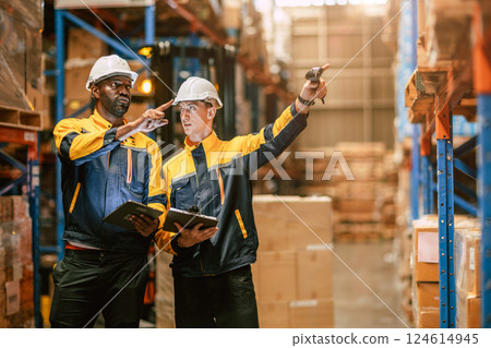 Warehouse workers working together, Inventory employee team staff in duty storage warehouse building Warehouse workers working together, Inventory employee team staff in duty storage warehouse building 124614945