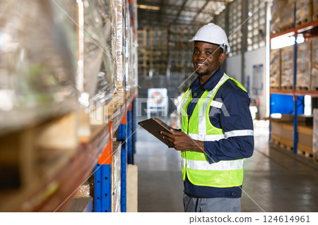 african black professional warehouse worker. stock inventory staff employee working in cargo storage 124614961